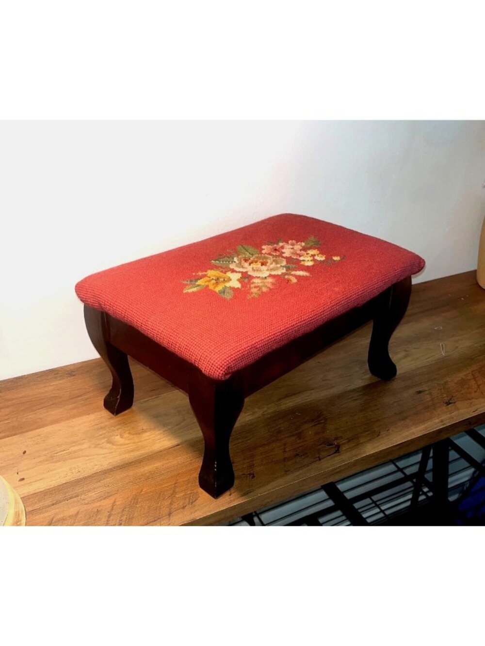 Vtg Floral Needlepoint Footstool  Wooden Cabriole Legs Cottagecore Grandma Chic